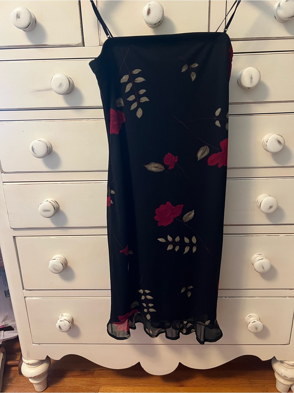 Marshall Black Midi Dress with Red Rose and Gold Leaf Print